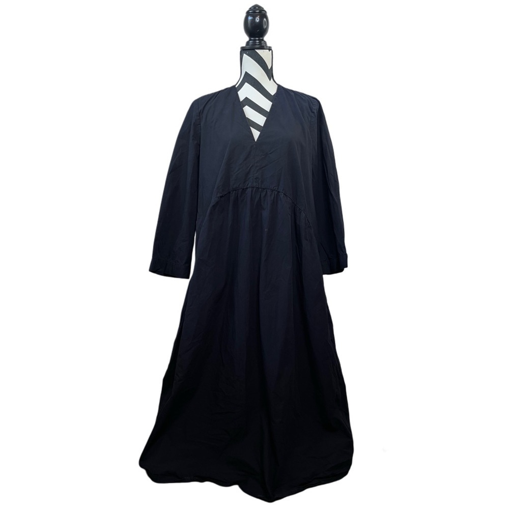 Zara Black Minimalist Sz S Goth 100% Cotton V-Neck Babydoll Midi Dress